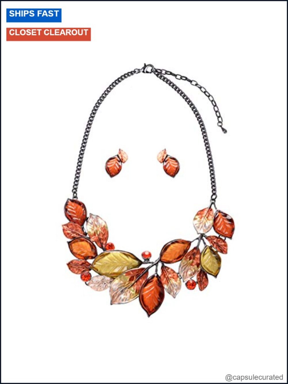 Vintage Flower Leaf Bib Necklace & Earring Set with Crystal Rhinestones